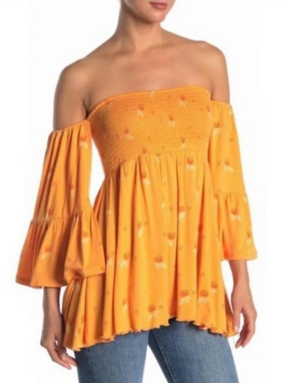 Brand New Free People Lana Off the Shoulder Floral Tunic Top - Orange - Size S
